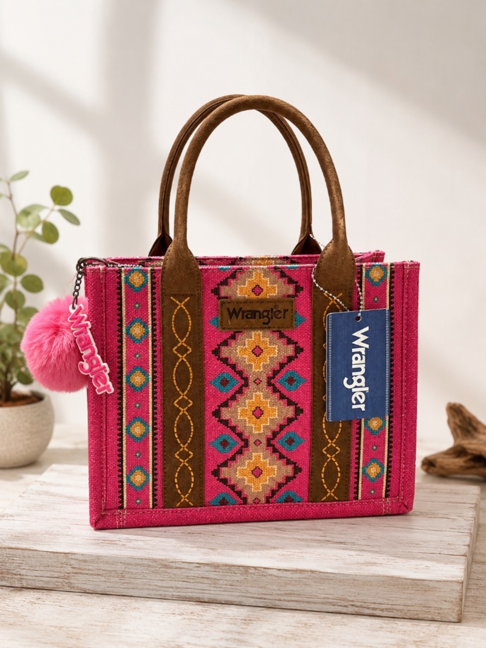Wrangler Pink Aztec Tote Crossbody Bag Western Canvas Guitar Strap Pom Pom NWT